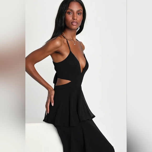 Lulus Tier and Now Black Tie-Back Tiered Maxi Dress XL Wedding Party Feminine - Picture 4 of 10